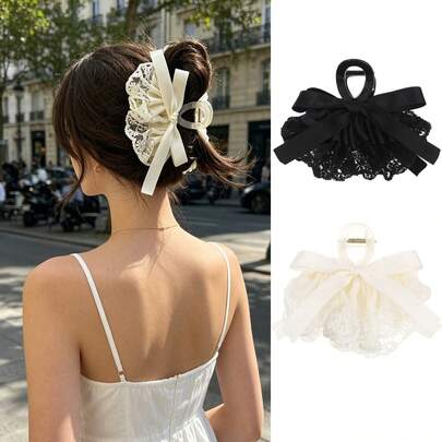 1pc New Lace Flower Bow Hair Clip Hair Accessory, Elegant And Classic With Versatile Styling, Suitable For Daily Wear And Vacation Outings For Women