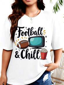 Women's T-Shirt, Football And Relaxation T-Shirt With Football TV Graphic And Popcorn For Match Day, Ideal For Parties, Comfortable And Casual For Women And Girls. - 白色 - 查看 1
