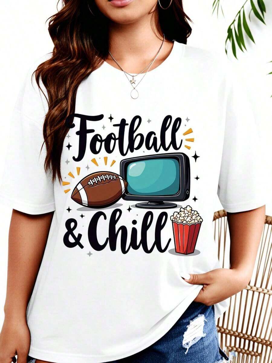 Women's T-Shirt, Football And Relaxation T-Shirt With Football TV Graphic And Popcorn For Match Day, Ideal For Parties, Comfortable And Casual For Women And Girls. - 白色 - 查看 1