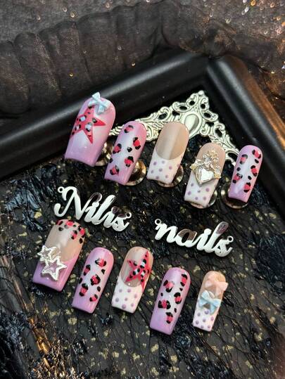10pcs Handmade Fully Covered Square Nails Acrylic Kit, Lilac Purple Nail, Lilac Purple&Milky Tie Dye, White French Nail, Hand Drawn Red&Black Leopard&Light Purple Polka&Red Star Pattern, 3D Hollow Star&Bow&Heart Shaped Rhinestone&Silver Carving Frame And Other Nail Accessories, Simple