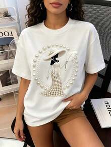New Spring/Summer 2026 Collection: Elegant, Luxurious, And High Fashion Clothing! Women's Printed T-Shirt – Adorned With Pearl And Crystal Patterns, Vintage Tropical Style, Breathable And Comfortable - 白色 - 查看 1