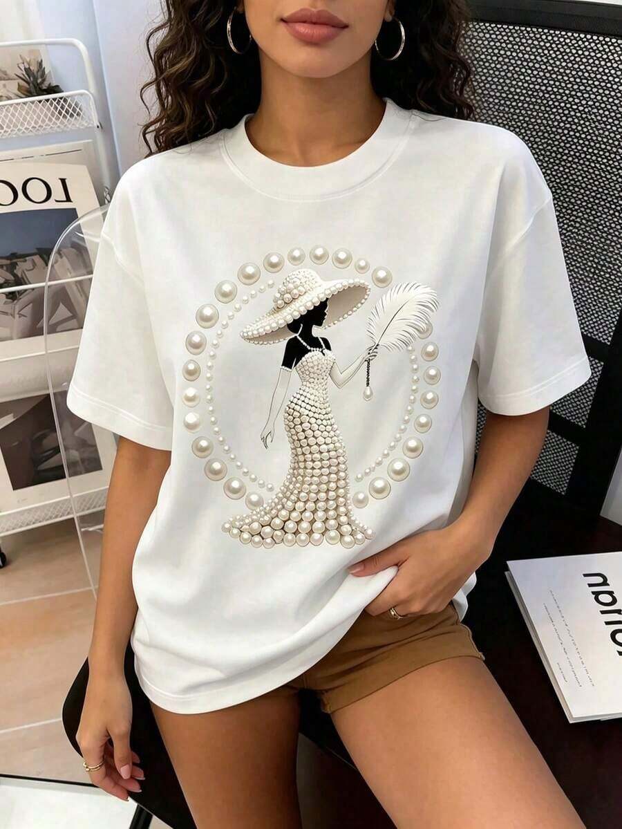 New Spring/Summer 2026 Collection: Elegant, Luxurious, And High Fashion Clothing! Women's Printed T-Shirt – Adorned With Pearl And Crystal Patterns, Vintage Tropical Style, Breathable And Comfortable - 白色 - 查看 1