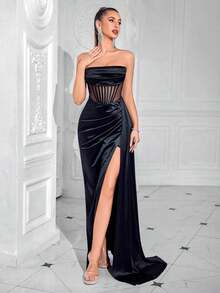 Vestido largo de fiesta con pliegues en espina de pescado y espalda descubierta con cinta, vestido de noche de boda de cintura ajustada, primavera negro - Negro - Ver 3