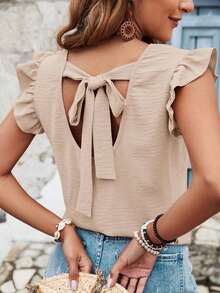 Blusa de verano para mujer con volantes y tirantes cruzados en la espalda de un solo color - Albaricoque - Ver 4