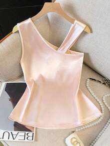 Camiseta de mujer de unicolor con decoración de metal, versátil para uso diario - Rosa - Ver 2