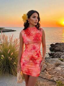 Vestido ajustado con fruncidos de estilo minimalista y sin mangas de unicolor para mujer - Multicolor 5 - Ver 3