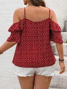 Camiseta romántica con volantes y escote descubierto de corazoncitos para vacaciones, talla grande.Ideal para fiesta casual, picnic o San Valentín. - Rojo - Ver 2