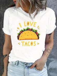 Carnival Fiesta Taco Sunlight And Smile 100% Cotton Women's "I Love Tacos" Pattern T-Shirt - Short Sleeve, Crew Neck Casual Top With Vibrant Taco Print, Machine Washable, Suitable For Comfortable Clothing In Spring And Summer, Medium Stretch Fabric, Clothing For Taco Lovers, Fun Design, Breathable Cotton Tee, All Match, Positive Combination Cool Summer Clothes For Women By Attitude - 白色 - 查看 6