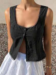 Cárdigan corto sin mangas con textura y rayas de estilo bohemio casual para mujer, adecuado para primavera, verano, playa y uso diario - Negro - Ver 2