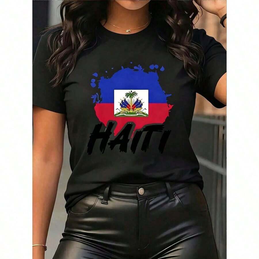 Camiseta de mujer con estampado de la bandera de Haití y la inscripción HAITI, de manga corta, cuello redondo, lavable aáquina, para atuendos casuales, eventos de orgullo haitiano, 4 de julio, partidos de la Copa Mundial, top suave y ligero, fácil de combinar con cualquier atuendo. Camiseta Gráfica de Algodón% para Mujer, Estilo Brokey Y2K Streetwear, Cuello Redondo, Corte Holgado - Negro - Ver 1