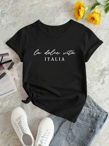 Camiseta holgada de verano casual con estampado de Dolce Vita Italiano - Negro - Ver 6