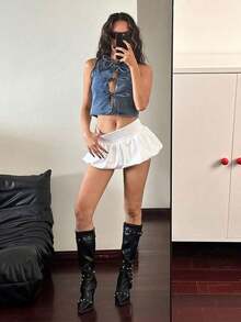 ICON Camisa vaquera sin mangas, con frente abierto y cordones, de estilo casual lavado, para mujer - Azul lavado oscuro - Ver 6