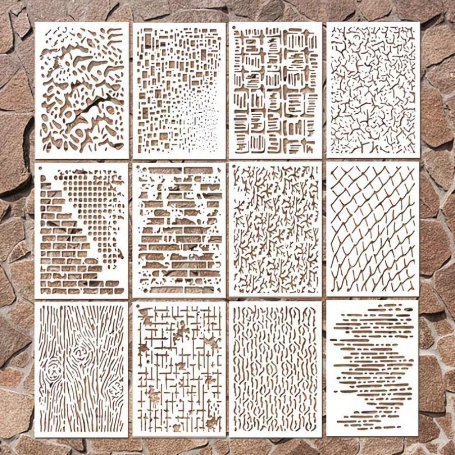 12入組抽象現代幾何背景圖案模板,適用於插畫、牆面彩繪、相框、手繪、藝術創作。穿孔模板可用於紋身與身體彩繪。復古磚牆、裂紋、木紋、海藻、漁網圖案。可重複使用的DIY藝術材料。具備良好彈性與耐用度,結構堅固。 - 套裝 - 查看 1