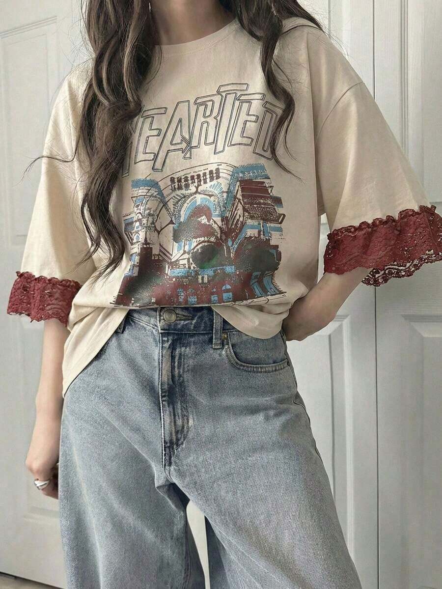 Camiseta de manga corta para mujer con ajuste holgado, estampado de letras, parches de encaje, de mezcla de algodón transpirable, versátil para primavera/verano - Albaricoque - Ver 1