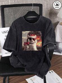 2026 Fashion Women's Cotton T-Shirt Casual Quality Women's Washed Cotton T-Shirt, Round Neck, Short Sleeve, Cat Print, Minimalist Casual Style, Everyday, Vintage, Comfortable And Loose, For Summer, In Black Unisex Basic T-Shirt - 黑色 - 查看 6