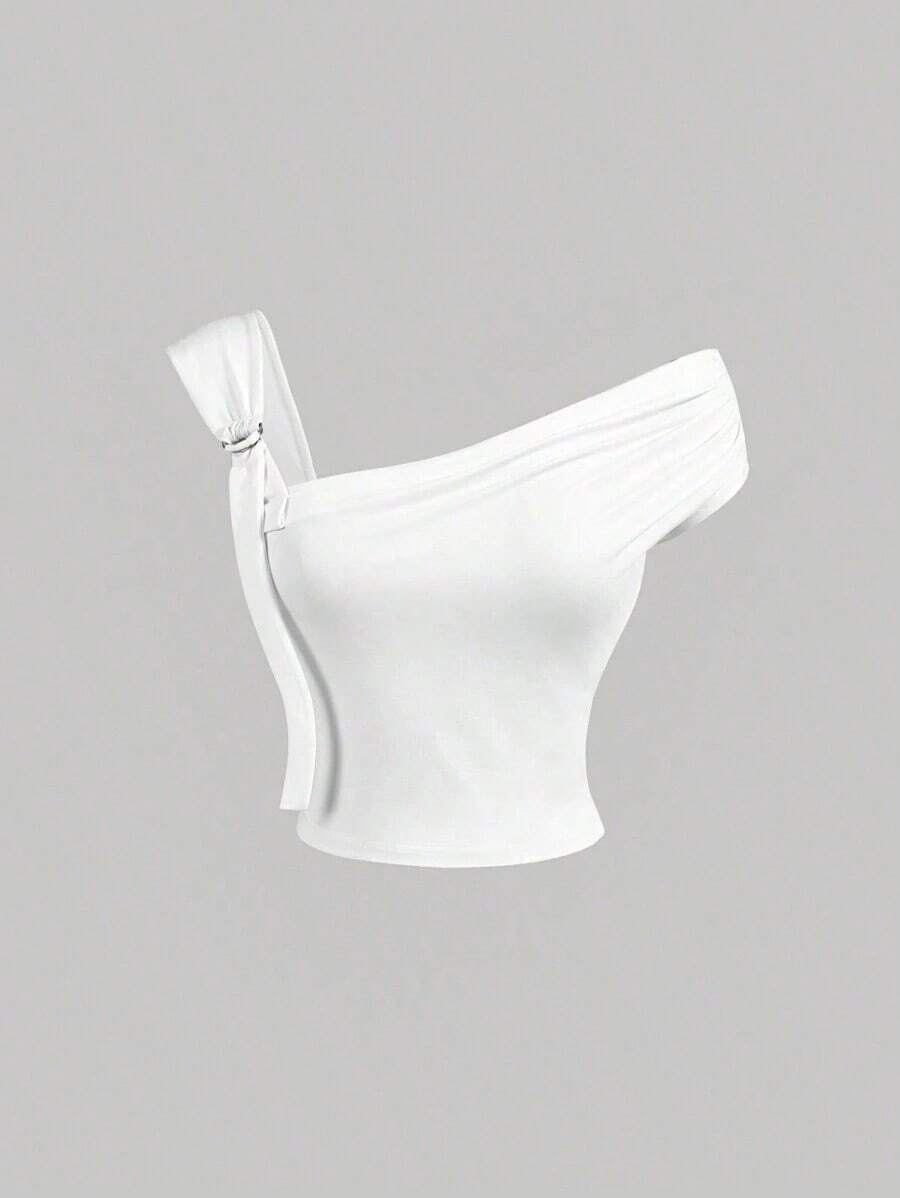 3 piezas Blusas de hombro asimétrico para mujer para festivales de música de verano - Blanco - Ver 1