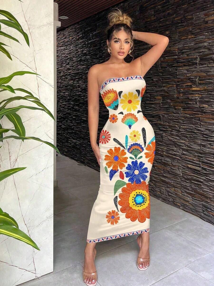 Vestido ajustado con estampado floral retro y estilo bohemio casual para mujeres, adecuado para vacaciones de verano - Multicolor 4 - Ver 1
