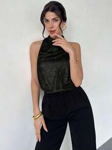 Blusa de satén dorado con cuello de tortuga y espalda de halter, elegante y casual para ir al trabajo/Look de Año Nuevo/Blusa sexy/Blusa brillante/Blusa para fiesta/Blusa de estilo "Old Money"/Blusa dorada - Negro - Ver 3