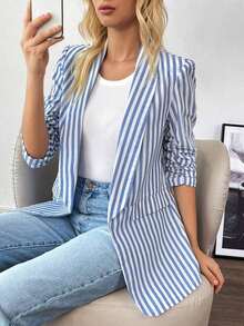 Blazer de solapa con cuello de chal, manga tres cuartos, fruncido, de estilo de dinero antiguo a rayas en blanco y negro, de lino, elegante y casual, de uso versátil, para mujer, ideal para negocios, profesores, Navidad y Año Nuevo - Azul y blanco - Ver 7
