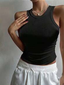 Camiseta de tirantes ajustada de unicolor casual de verano para mujer - Negro - Ver 1