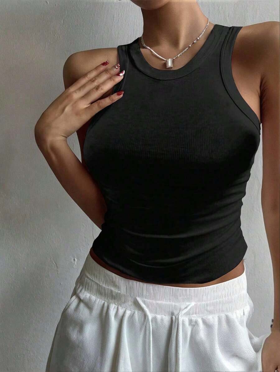 Camiseta de tirantes ajustada de unicolor casual de verano para mujer - Negro - Ver 1