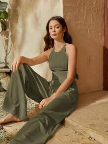 trasero de espalda abierta Top halter & Pantalones de pierna ancha - Verde militar - Ver 6
