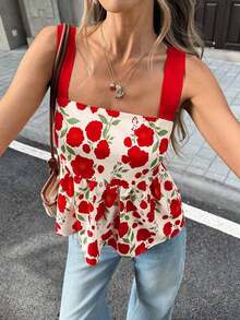 PariChic Parte superior sin tirantes con estampado floral rojo para damas, primavera y verano, con diseño de espalda abierta con lazo, hecha de tela con fondo blanco y estampado floral, con tirantes anchos rojos y diseño de falda con cintura fruncida, estilo fresco adecuado para citas de primavera y verano, escenas de vestimenta casual.Las características del producto incluyen: Parte superior sin tirantes con estampado floral para damas, parte superior corta con decoración de cinturón rojo, parte superior con falda fruncida en la cintura, parte superior fresca de primavera y verano, parte superior versátil casual. - Multicolor - Ver 7