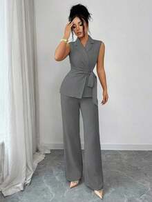 Conjunto elegante y romántico de blazer y corbata de moño para vacaciones y oficina para mujeres - Gris Oscuro - Ver 3