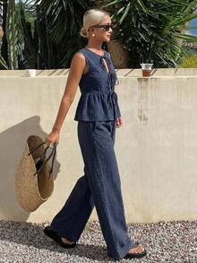 Conjunto de 2 piezas de top de tirantes finos a rayas y pantalones casuales de verano para mujer, conjunto de prendas de estar en casa - Azul marino 6 - Ver 5