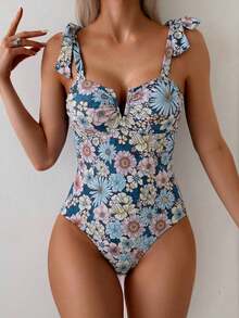 Swim Basics 1 pieza Traje de baño de una sola pieza con estampado sólido y floral y tirantes de espagueti anudados para mujer - Multicolor 3 - Ver 4