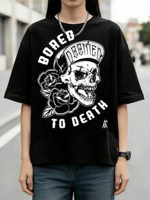 Vintage Skull & Roses Bored to Death Grafisk Sommar-T-shirt i Bomull - Svart - Visa 1