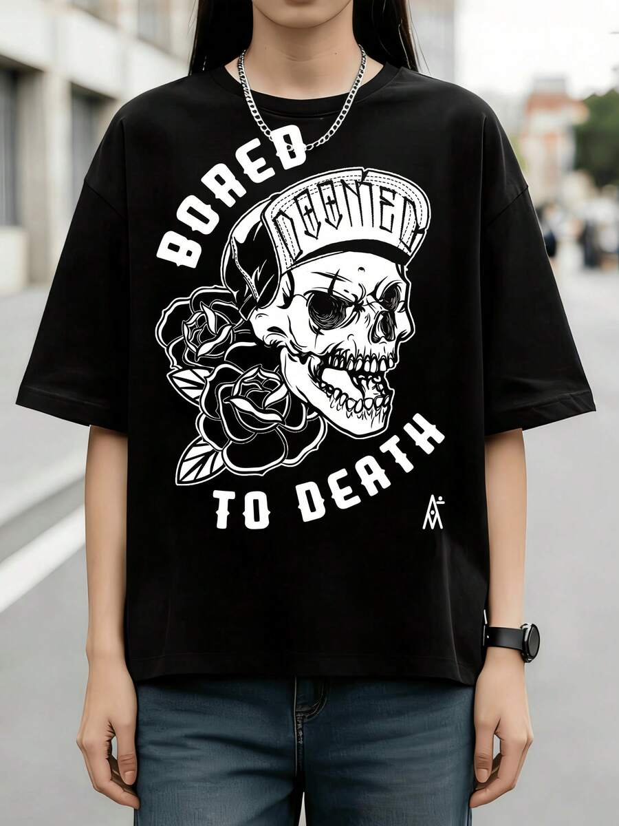 Vintage Skull & Roses Bored to Death Grafisk Sommar-T-shirt i Bomull - Svart - Visa 1