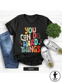 "Teacher Who Can Do Difficult Things" T-Shirt - Clothing For Teachers And Special Education Counselors, Inspirational Gift For Special Education, Comfortable Crew Neck T-Shirt, Suitable For Women, Ideal For Teacher Recognition Events And Everyday Wear. - 黑色 - 查看 7