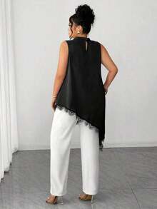 Blusa sin mangas con dobladillo de encaje para mujer de talla grande, elegante blusa larga de estilo vintage, versátil para el trabajo, graduación, vacaciones, San Valentín, festivales de música, Día de la Madre, Halloween, Acción de Gracias, Pascua, Día Nacional, bailes, citas, bodas, salidas, etc. - Negro - Ver 4