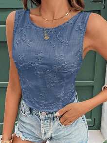 Frenchy Blusa sin espalda y sin mangas con estampado jacquard para vacaciones de verano, ropa de vuelta al colegio, atuendos de maestros, moda, vestidos de mujer de verano, estilo de dinero antiguo, vestidos blancos de mujer, vestidos casuales de mujer, ropa para el 4 de julio, blusas de mujer, tops sin mangas - azul real - Ver 4
