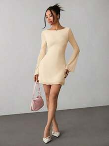 Vestido de malla con mangas de trompeta y espalda descubierta, nuevo y sexy para principios de otoño - Albaricoque - Ver 3