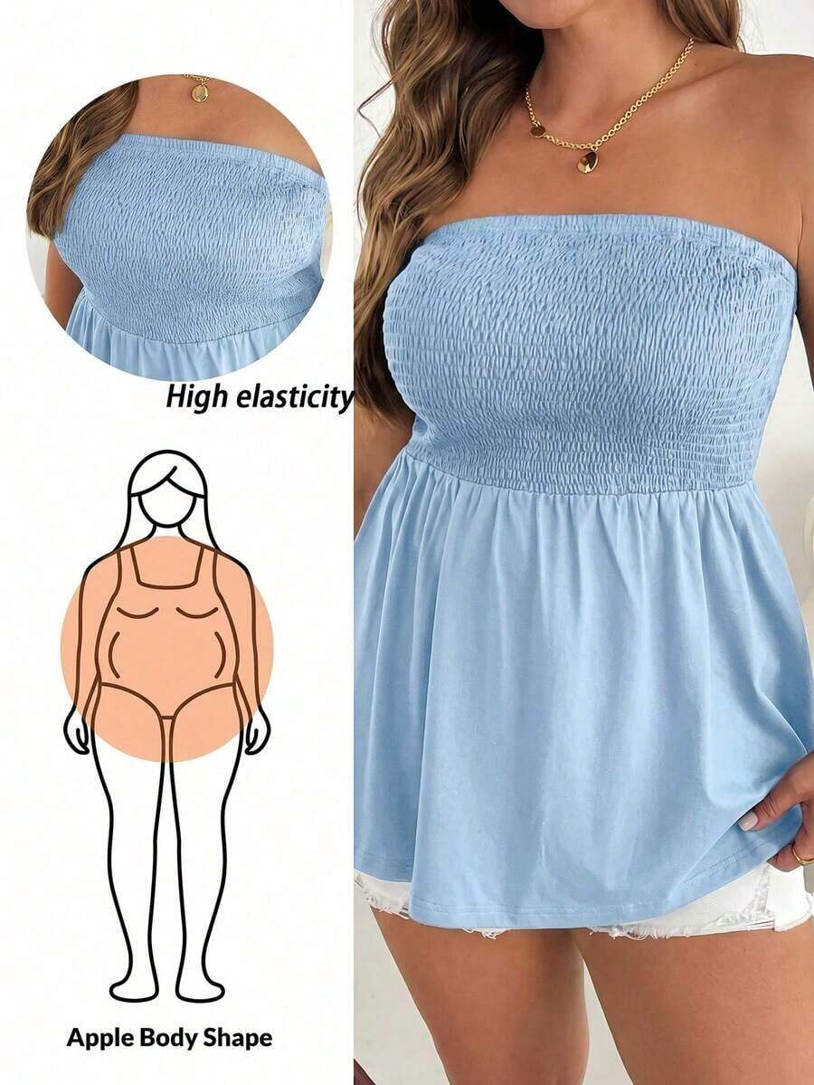 Blusa sin tirantes de rayas negras y blancas, versátil, cómoda y estilizadora, para mujer talla grande, ideal para primavera/verano, vacaciones y salidas, estilo europeo de verano - Celeste - Ver 1