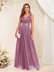 Vestido de dama de honor formal de línea A con escote en V sin mangas, bordado y de malla, vestido de fiesta elegante, vestido de invitado de boda formal, vestido de ceremonia de graduación, vestido de noche de primavera - Rosa vieja - Ver 10