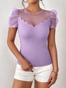 Privé Camiseta de malla en contraste ribete en abanico de manga farol - Lila Púrpura - Ver 6