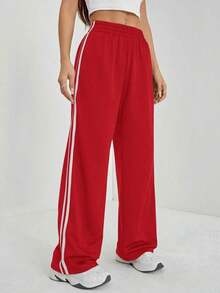 Pantalones casuales con rayas laterales negras, de estilo simple y de moda para uso diario, graduación, maestros y vuelta al colegio para mujeres - Rojo - Ver 3