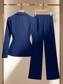Conjunto de blazer y pantalón de bolsillo de unicolor azul con botones dorados y cuello entallado elegante para mujer, versátil para otoño/invierno - Niebla azul - Ver 2
