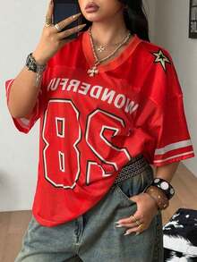 Camiseta de béisbol rosa con gráficos de malla transpirable de talla grande para mujer, para primavera/verano, festivales, salir y usar en la calle, con estilo vintage - Rojo 2 - Ver 9