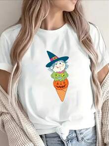 Black Short Sleeve T-Shirt - Ice Cream Witch And Elf Cone Hat Print, Lightweight And Stretchy Polyester Costume For Parties, Casual Halloween Wear, Compatible With Witch Hat Accessory (Adult Sizes) - 白色 - 查看 7