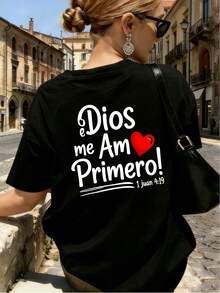 Women's Casual T-Shirt, Round Neck Style, Y2K, With Simple And Elegant Christian Text And Heart Print On The Front And Back Chest, Short Sleeves, Comfortable Fabric, Suitable For All Seasons, Machine Washable, Available In Five Sizes S-2XL, Various Colors, Style - 黑色 - 查看 2