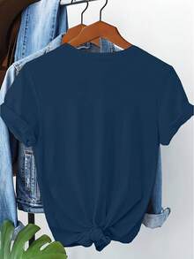 Women's 100% Cotton Short Sleeve T-Shirt With Subtle Outdoor-Themed Patches - Casual Spring And Summer Blouse, Machine Washable, Ideal For Picnics And Casual Wear, Non-Outdoor Printed T-Shirts - 藍色 - 查看 2