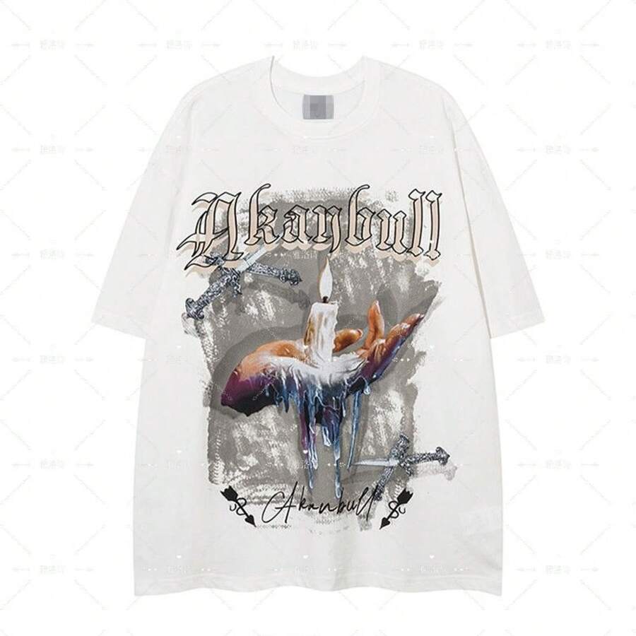 Fashionable Letter Print Short-Sleeved T-Shirt For Men And Women, American Summer Style, Made Of Heavyweight Pure Cotton, Loose Fit, Round Neck. - 黑色 - 查看 1