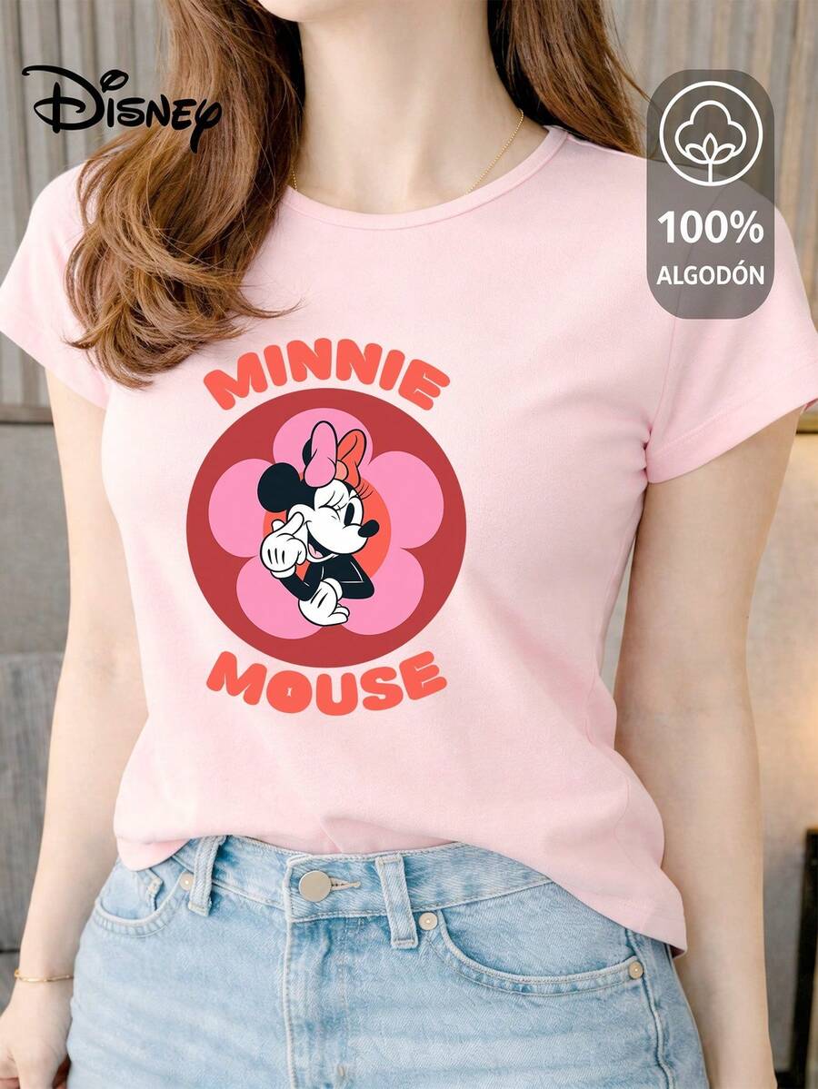 Women's T-Shirt Made Of 100% High-Quality Cotton. This T-Shirt Guarantees Exceptional Softness To The Touch, With A Round Neck, "Disney Minnie Mouse Flower" Print, And Short Sleeves. - 粉色 - 查看 1