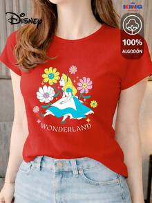 Women's T-Shirt Made Of 100% High-Quality Cotton. This T-Shirt Guarantees Exceptional Softness To The Touch, With A Round Neck, "Disney Alice In Wonderland Flowers" Print, And Short Sleeves. - 紅色 - 查看 1