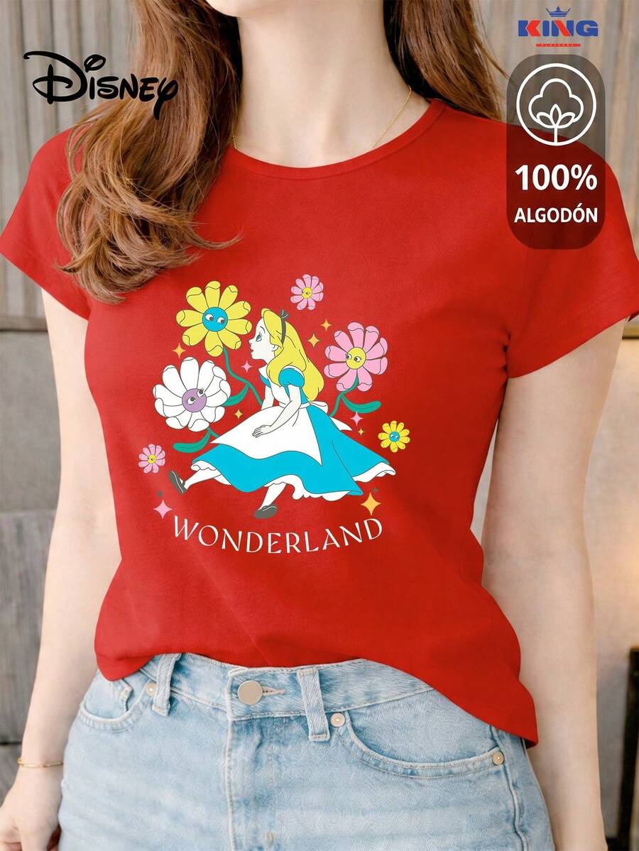 Women's T-Shirt Made Of 100% High-Quality Cotton. This T-Shirt Guarantees Exceptional Softness To The Touch, With A Round Neck, "Disney Alice In Wonderland Flowers" Print, And Short Sleeves. - 紅色 - 查看 1