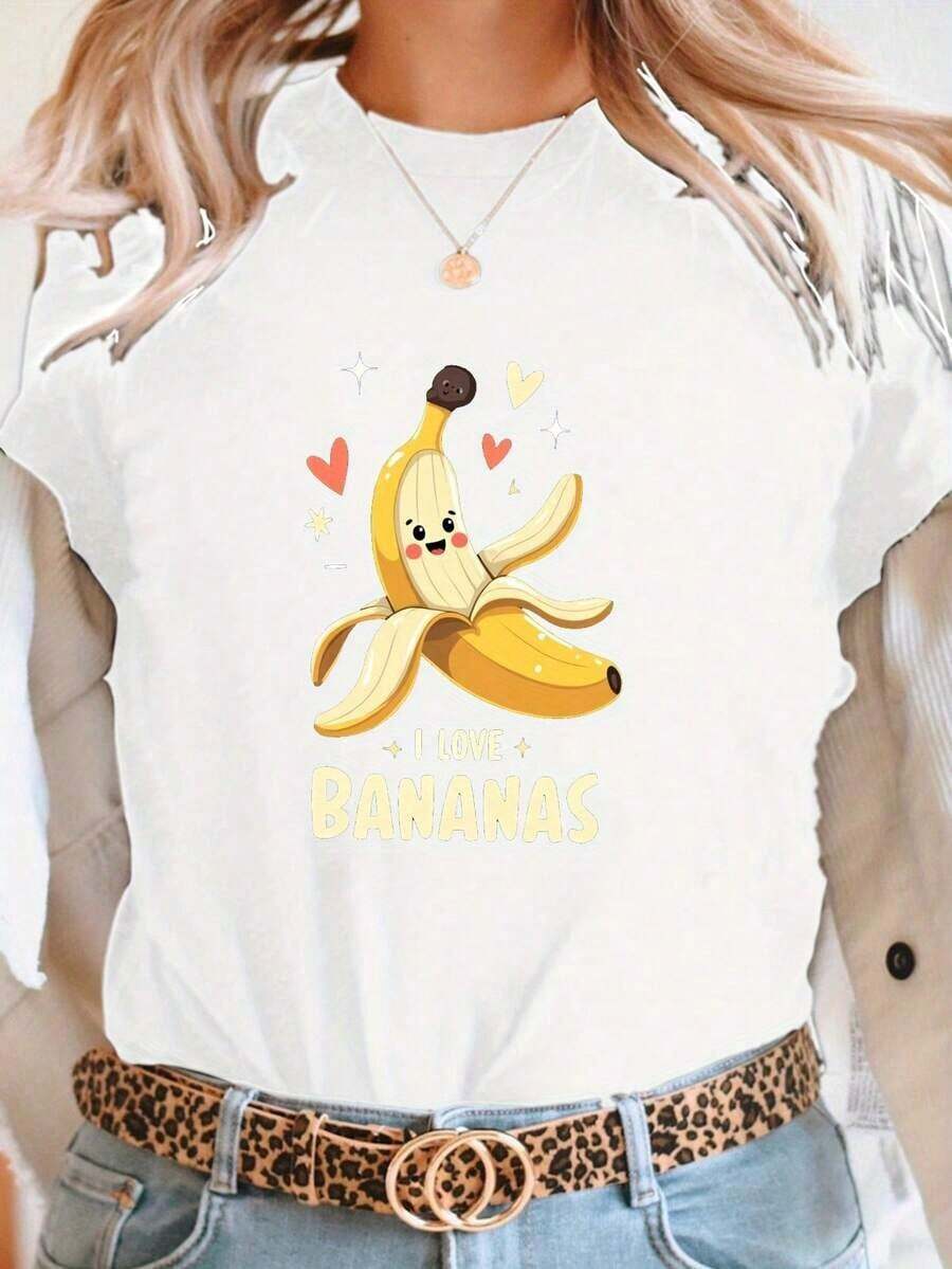 Under The Radar Women's Fun And Vibrant Banana Print T-Shirt, Green With "I LOVE BANANAS" Slogan, Short Sleeve, Youthful Style, Loose And Casual, Versatile For Vacation And Everyday Wear. Unisex Cotton Loose-Fitting Short-Sleeved Crew Neck T-Shirt With An Urban Vintage Style - 白色 - 查看 1